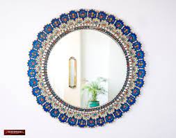 Large Blue Round Mirror For Wall 35 4in
