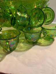 Vintage Green Carnival Glass Punch Bowl