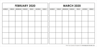 Two Month February March 2020 Calendar Blank Template