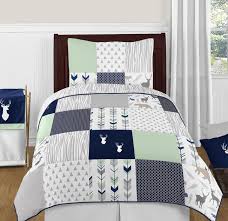Woodsy Navy Mint And Grey Twin Bedding