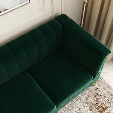 j e home 83 46 in w flared arm velvet upholstered tufted modern straight 3 seater sofa in green with metal legs