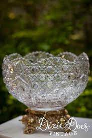 Gold Vintage Cut Glass Punch Bowl