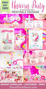 Rainbow unicorn party supplies 251 pcs magical rainbow unicorn party pack and decorations including dinner plates, dessert plates, napkins, cups,cutlery,birthday banner,unicorn balloons,confetti balloons,pastel balloons,unicorn headband,tattoos,stickers and gift box serves 16. Unicorn Birthday Party Printable Set Press Print Party Unicorn Birthday Party Decorations Diy Unicorn Party Unicorn Party