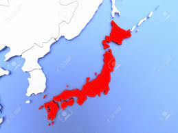 明確な国境を持つシンプルな光沢のある金属マップ上の赤で強調表示されている日本地図。3 D イラストレーションの写真素材・画像素材 Image  72318393