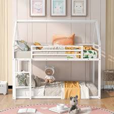 Godeer White Twin House Bunk Bed With