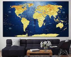 Large World Map Print Canvas Blue Wall