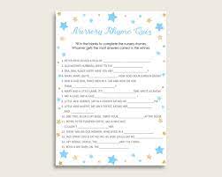 Mother goose nursery rhyme game for baby showers and 1st birthday parties. Stars Nursery Rhyme Quiz Printable Blue Gold Nursery Rhyme Game Blue Studio 118