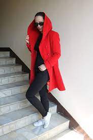 New Red Women S Wool Coat With Hood