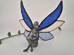 Stained Glass Fairy Sitting Happy Blue