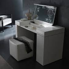modern white vanity desk with flip up mirror and lighting plus square leather bench 16