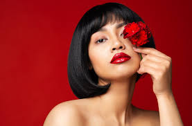 model face with red lips asian woman