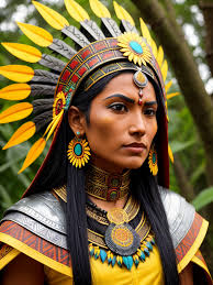 a myan women warrior with a sunflo