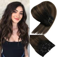Black hair with peekaboo highlights. Amazon Com Vesunny Balayage Hair Extensions Clip In Remy Hair Extensions Black Clip On Hair Extensions Balayage Color Natural Black Fading To Medium Brown Highlights Double Weft Clip In Hair Extensions 7pcs 120g
