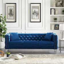 82 30 In Wide Square Arm Velvet Modern Straight 3 Seater Sofa In Blue With Diamond Tutton Tuft Backrest