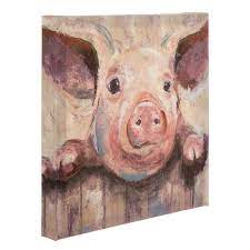 Pig At Fence Painted Canvas Wall Decor