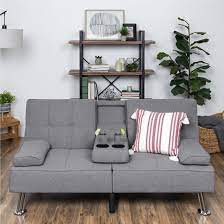 best choice s modern linen convertible futon sofa bed w removable armrests metal legs cupholders gray