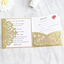 Luxury Gold Invitation Card With Rsvp Tri Fold Pocket Wedding Invites Laser Cut Customized Printing Free Ship Diy Wedding Invitations Invitation Maker