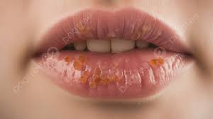 female lip with orange dots on it