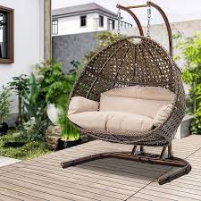 Dw Iron Luxury Double Seat Patio Swing Chair With Beige Cushion