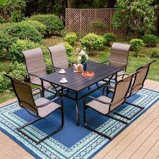 Phi Villa Black 7 Piece Metal Outdoor Patio Dining Set With Slat Rectangle Table And High Back C Spring Textilene Chairs