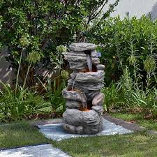 Teamson Home Indoor Outdoor 4 Tier Stone Look Waterfall Fountain With Led Lights Grey