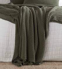Knitted Olive Green Cotton Bed Throw