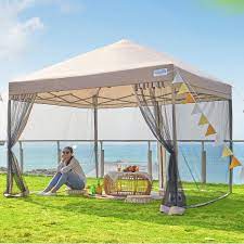 Quictent 8x8 Ez Pop Up Canopy With Netting Screen House Instant Gazebo Party Tent Mesh Sides Walls With Groundsheet Tan Beige
