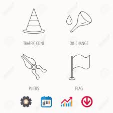 Flag Traffic Cone And Oil Change Icons Pliers Linear Sign