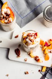 A serving of ½ cup dry oatmeal made with water sets you back 150 calories, 3 grams of fat, 27 grams of carbs, 4 grams of fiber, 1 gram of sugar, and 5 grams of protein. Collagen Peaches And Cream Overnight Oats High Protein Abra S Kitchen