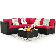 Costway 6pcs Patio Rattan Furniture Set Cushioned Sofa Coffee Table Red
