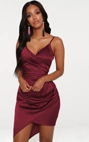 shape burgundy satin wrap dress