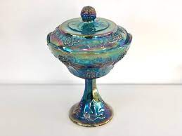 Blue Carnival Glass Tall Candy Dish
