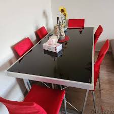 Italian Glass Dining Table With 6 Red