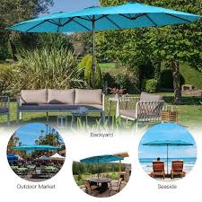 Angeles Home 15 Ft Iron Market Double Sided Twin Patio Umbrella With Crank And Base In Turquoise
