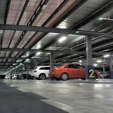 a parking lot and a parking garage