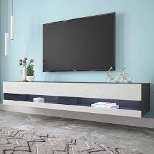 Godeer 87 In Black White Tv Stand Fits Tv S Up To 80 In Wall Mounted Floating Tv Stand With 20 Color Leds
