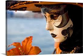 Woman In Masquerade Masks During Carnival Venice Italy Large Solid Faced Canvas Wall Art Print Great Big Canvas