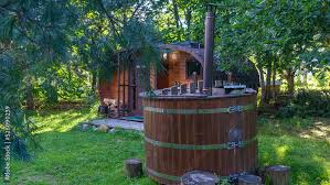 Outdoor Wooden Barrel Sauna In The
