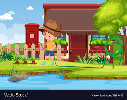 Boy Watering Plants At Home Vector Image