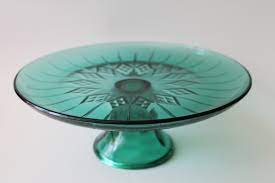 Vintage Teal Green Glass Cake Plate