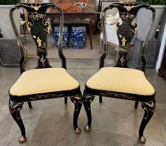 pair black lacquer chinoiserie chairs