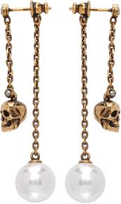 gold skull pearl chain drop earrings