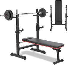 increkid folding bench press set weight bench with squat rack workout bench home gym size 49 6 x 25 x 32 41 black