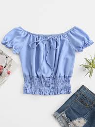 66 Off 2020 Zaful Puff Sleeve Smocked Tie Frilled Blouse In Light Blue Zaful
