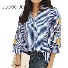 Us 8 84 40 Off Jocoo Jolee Embroidery Design Blouse Casual Striped Women Blouse Three Quarter V Neck Collar Top Shirt 2018 Summer New Arrival In