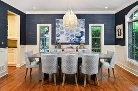 transitional blue dining room has asian