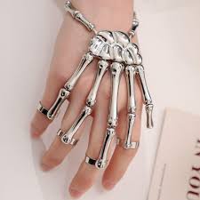 halloween skull skeleton hand bracelet with ring metal hand bangle bracelet skull fingers wristband for men and women jewelry uni size one