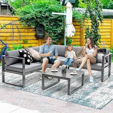 4 Pieces Aluminum Patio Furniture Set With Thick Seat And Back Cushions Gray Costway