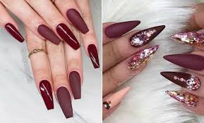 Burgundy matte stiletto nails with glossy tips. Burgundy Color Acrylic Nails New Expression Nails
