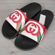 Details About Gucci 290 Mens Slide Sandals In White Striped Rubber With Red Gg Logo